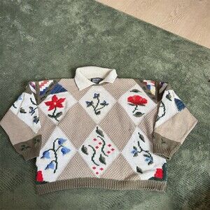 BEREK Sweater Womens L Beige Floral Argyle Collared Pullover Long Sleeve